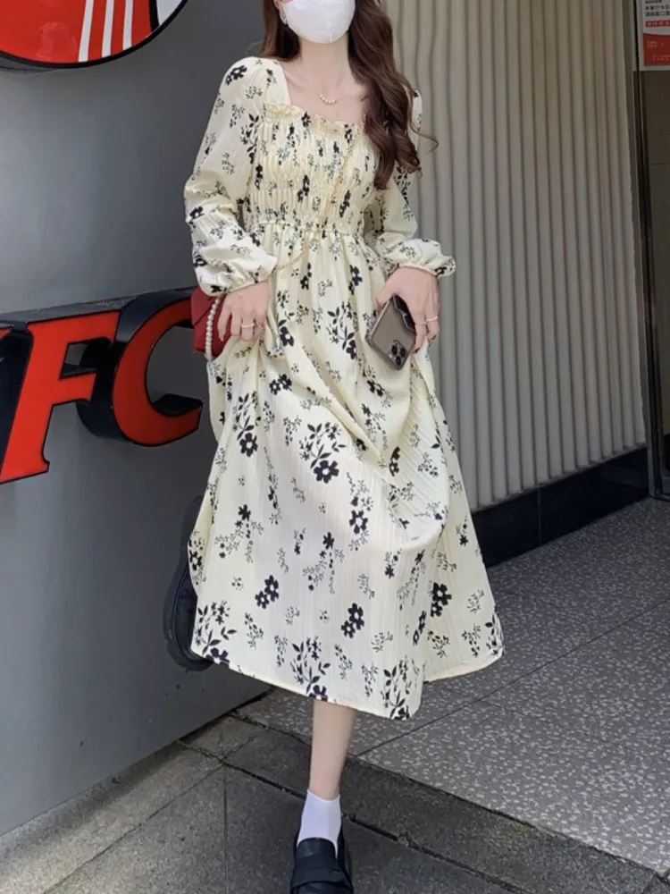 Ele Bloemenprint Chiffon Lange Sve Dr Dames Lente Herfst Nieuwe Sle Klein Maat Taille Cinching Afslanken Lange Dr