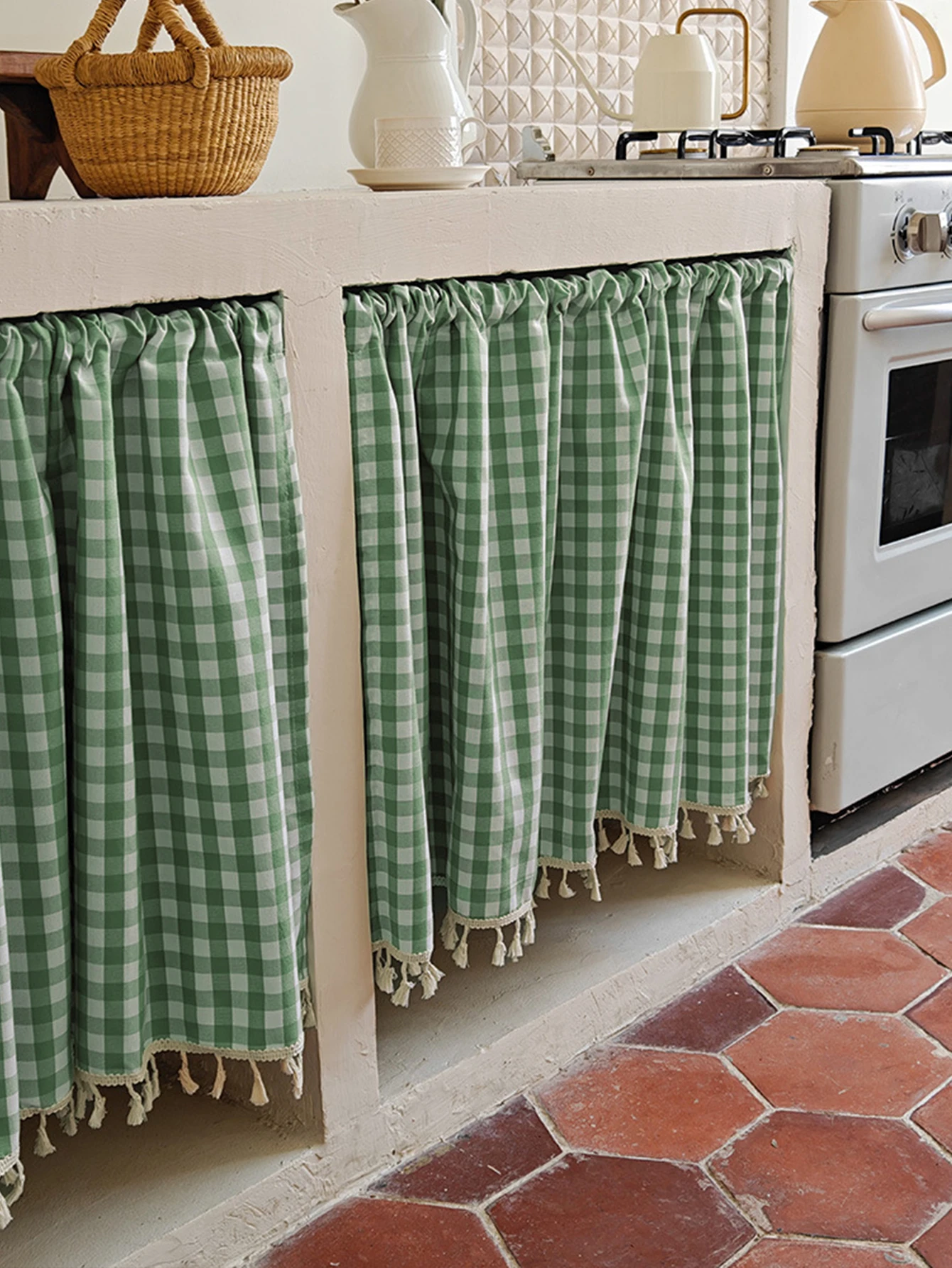 1PC American Countryside Green and White Grid Shading Curtain, Half Curtain, Living Room Balcony Bay Window, Cabinet Decoration