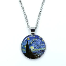 New Fashion Crystal Necklace for Women Jewelry Painting Van Gogh Starry Night Glass Pendant Necklace Lover Girl Gifts