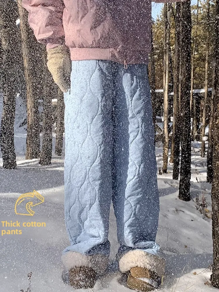 

Northeast Men's Thiened Fce Lined Lamb Fur-lined Winter Cotton Pants Wide Leg Straight Cut Trousers Windproof Casual Tro...