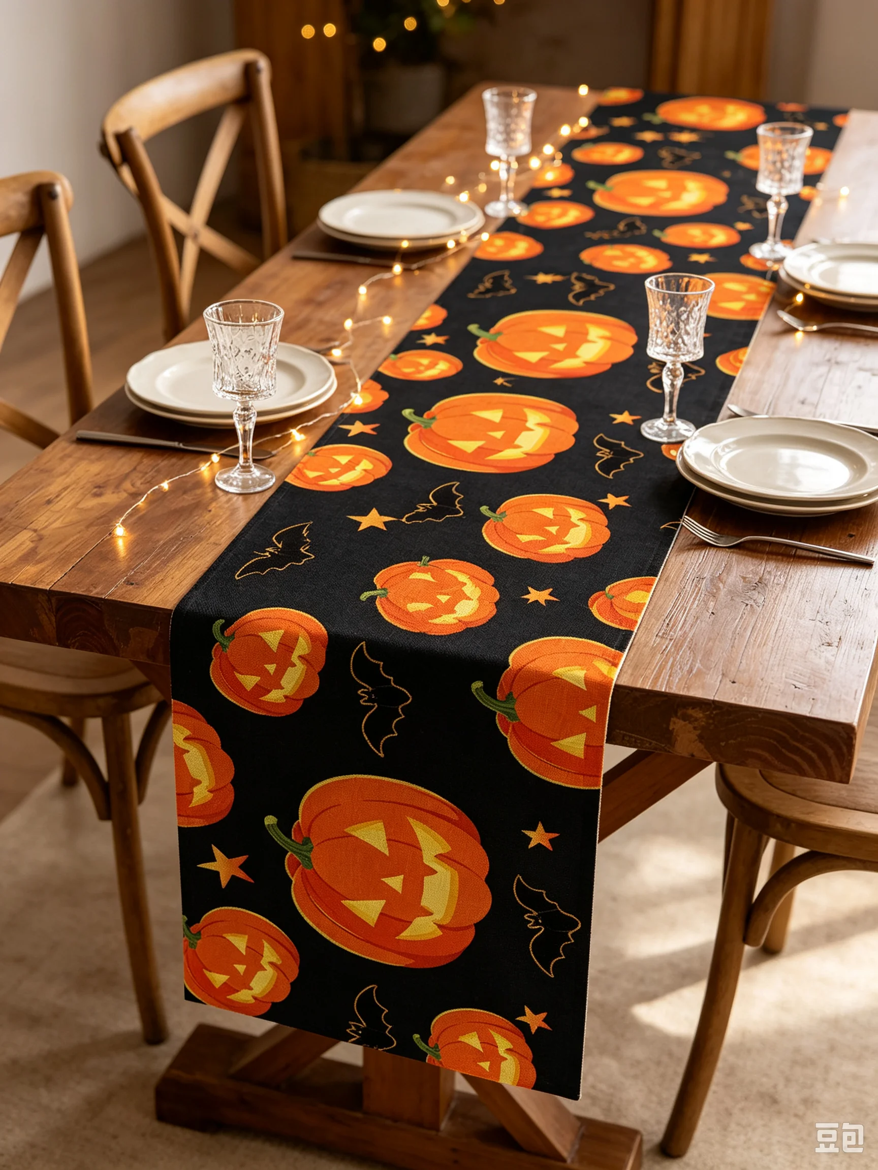 1pc Linen‑Style Vintage Pumpkin Ghost Black Cat Halloween Table Runner, Home Dining Table Decor for Halloween Party Decoration