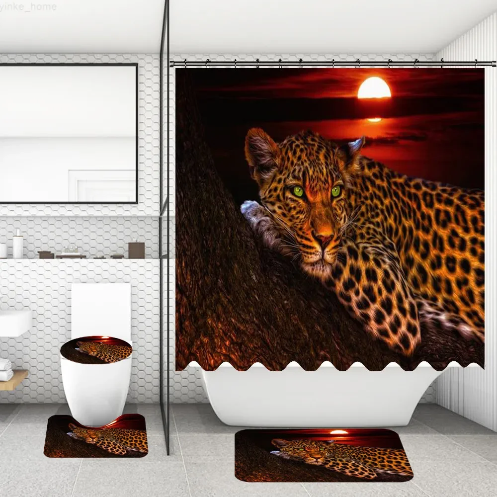 4 Pcs Wild Animal Shower Curtain Set Waterproof Fabric Bath Curtain Lion Wolf Non-Slip Bath Mat Toilet Lid Cover Decor