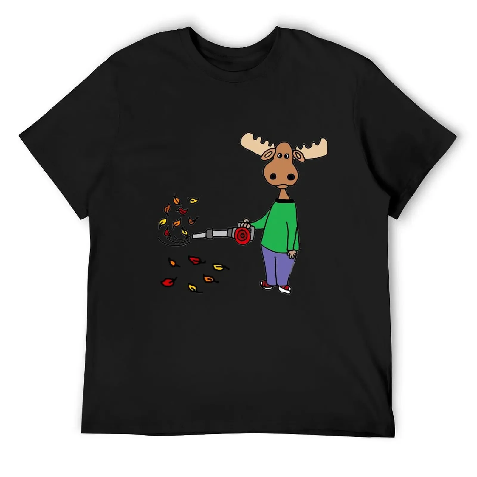 Funny Moose using Leaf Blower Cartoon T-Shirt customs plain funny t shirts men