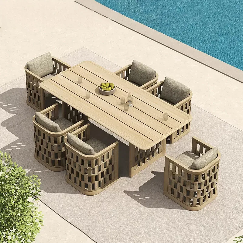 Outdoor teak table and chair courtyard table anti-corrosion wood waterproof outdoor solid wood rattan table and chair
