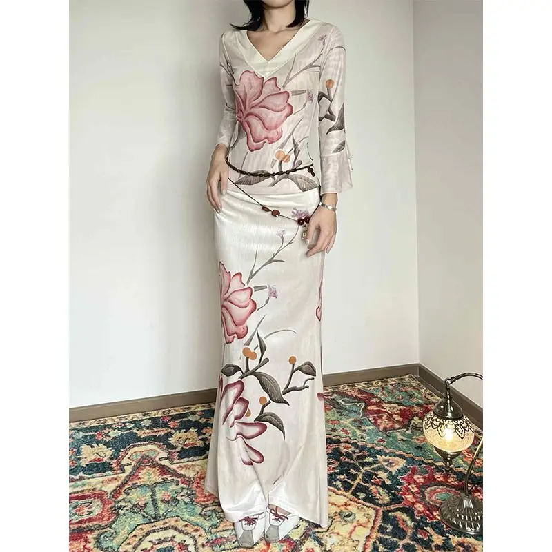 

Luxury Floral Mermaid Skirt Set Women's White Rose Orchid Print Elegant Bodycon Dress Outfit