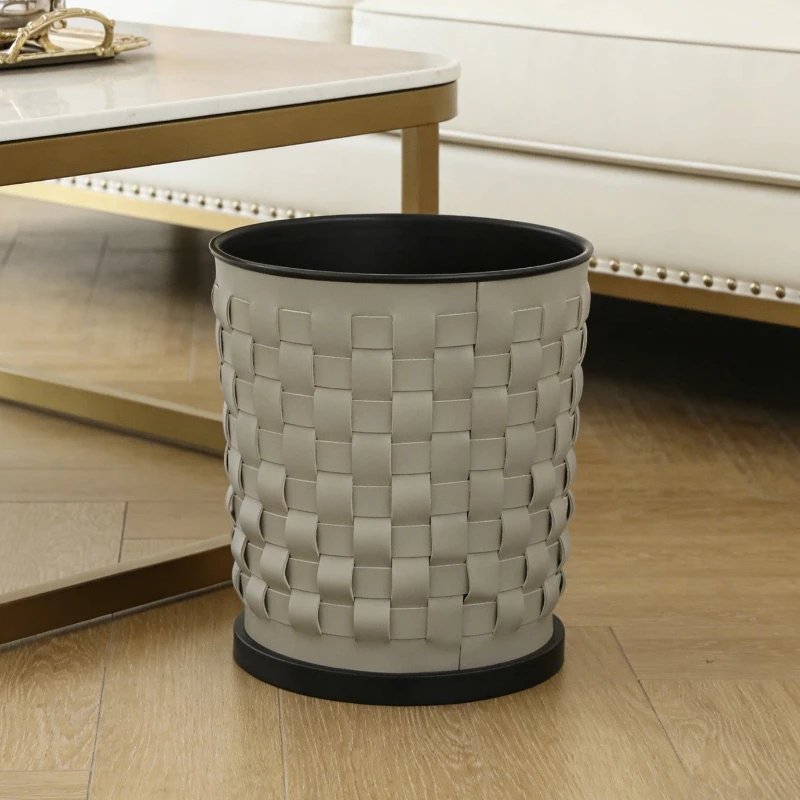 

Leather Trash Can Hand-woven Living Room Waste Bins Food Waste Recycle Dustbin Luxury Cleaning Wastebasket Home Storage Basket