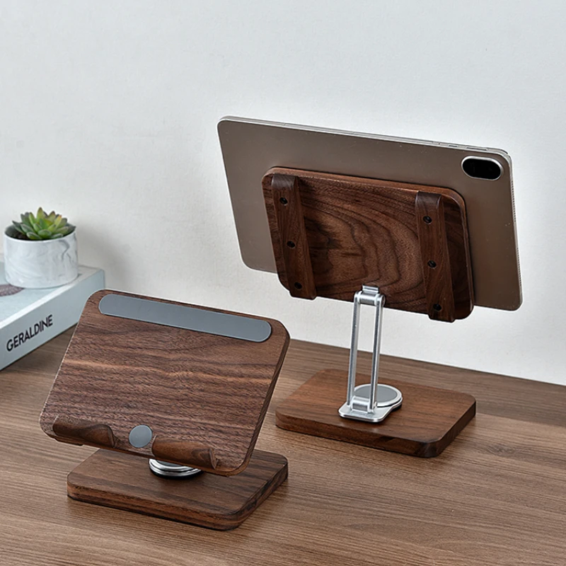 Desk Setup Black And Wood - Black Walnut iPad Stand with 360°