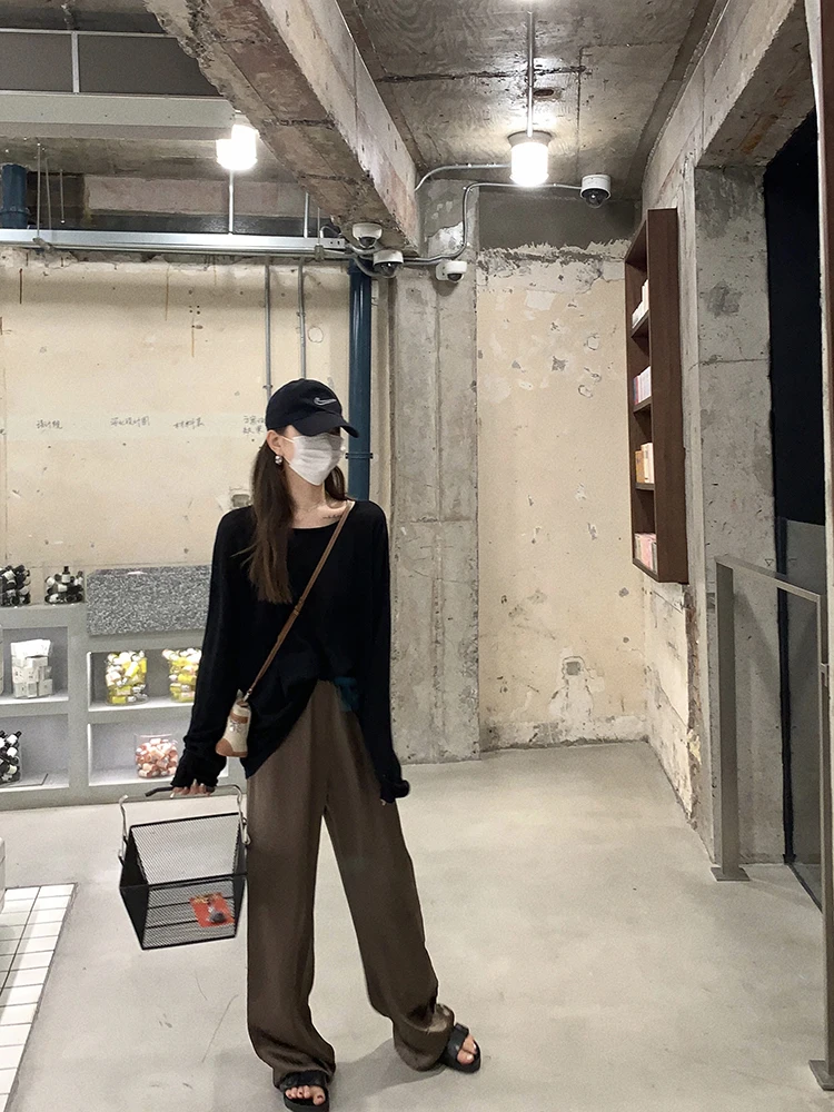 

Ladies 77 mat High Twist Cotton Long Sve Knitted Sun Protection Summer ential Lazy Casual round Ne T-irt