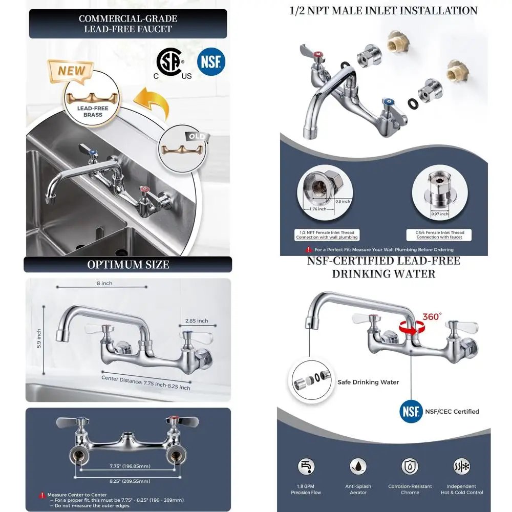 

8 NSF Certified Lead-Free Wall Mount Faucet for Commercial Kitchens, 3-Compartment Sinks, and Utility Areas