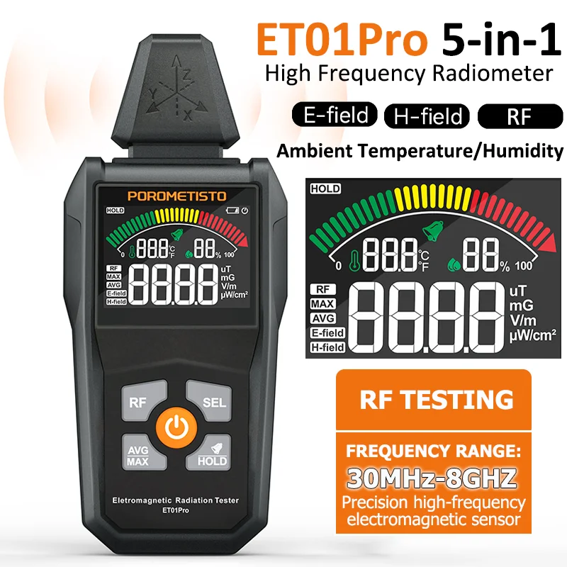 ET01Pro Professional EMF Meter 30Mhz~8GHz Radio High Frequency Electromagnetic Radiation Detect Electric/Magnetic Field Tester