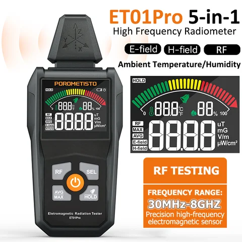 ET01Pro Professional 5-in-1 EMF Meter, 30MHz-8GHz High Frequency RF Radiation Detector with Electric/Magnetic Field Tester, 3-Axis Sensor, Color LCD, Data Hold, Max/Avg, Alarm, Temp/Humidity, Auto Shutoff, Low Battery Indicator