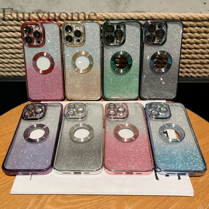 Glitter Transparent Case for iPhone 14 13 12 11 Pro Max X XS XR 7 8 SE 14 Plus Crystal Bling Gradient Lens Protect Cover Cases