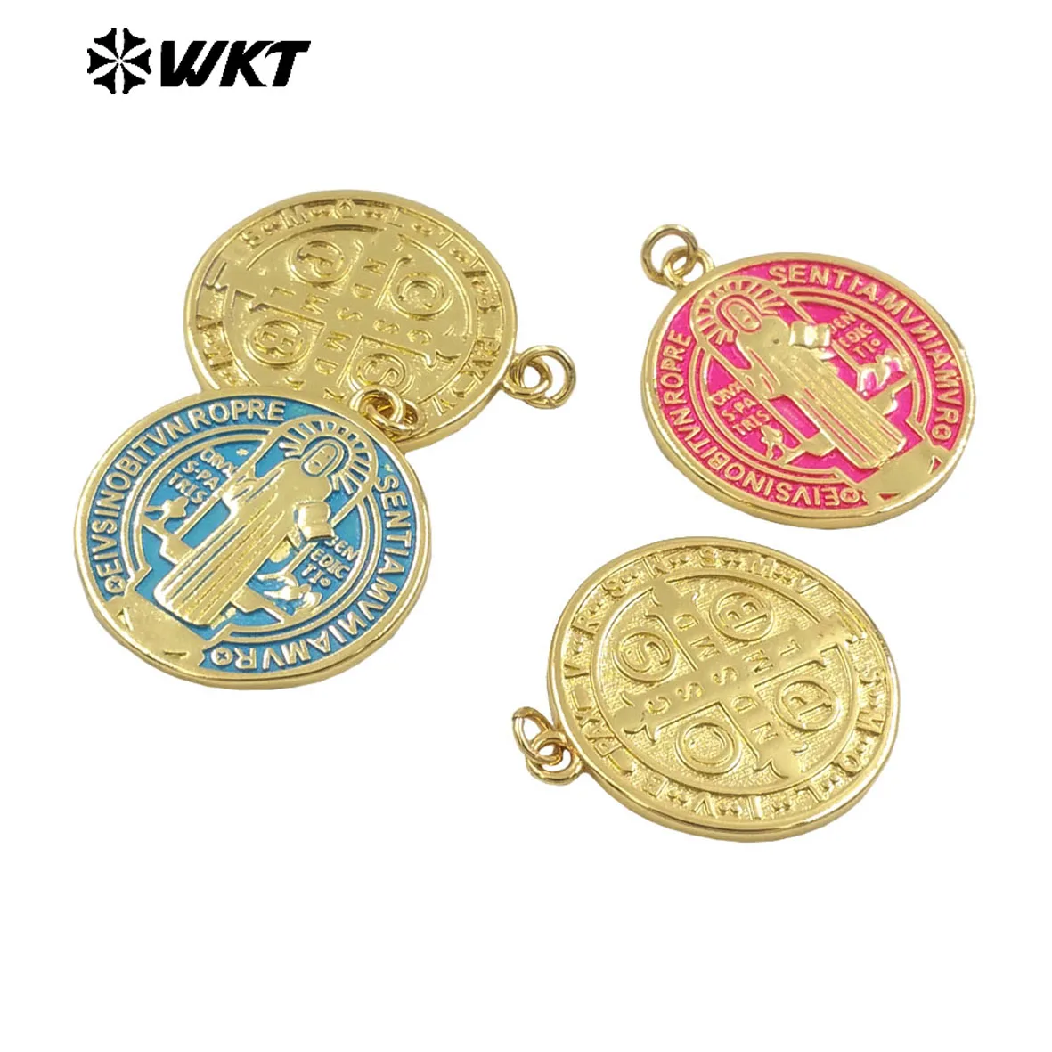 WT-MN992 Wholesale Fashion Gold Plated Round St Benedict Medal Religious Necklace In Drop Oil Craft 10PCS