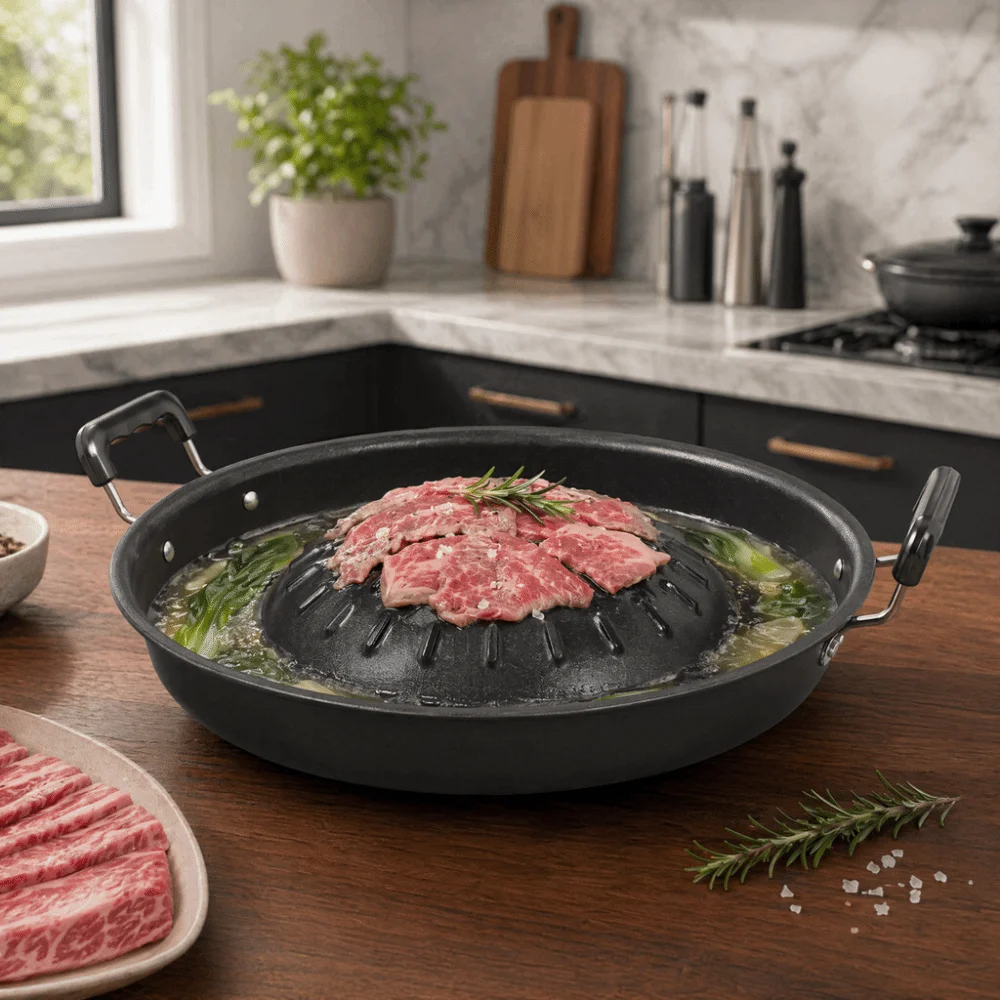 Durable Iron Thai BBQ Grill Pan Round Black Round Thai Style BBQ Side Handles Raised Center Dome Hot Pot Grill Pan Camping