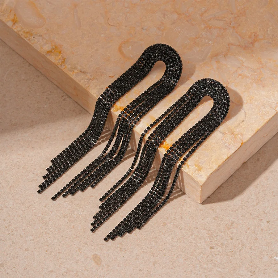 Black Rhinestone Long Tassel Drop Earrings for Women Shiny Full Crystal  Dangle Earring for Wedding Party Lady\'s Ear Jewelry