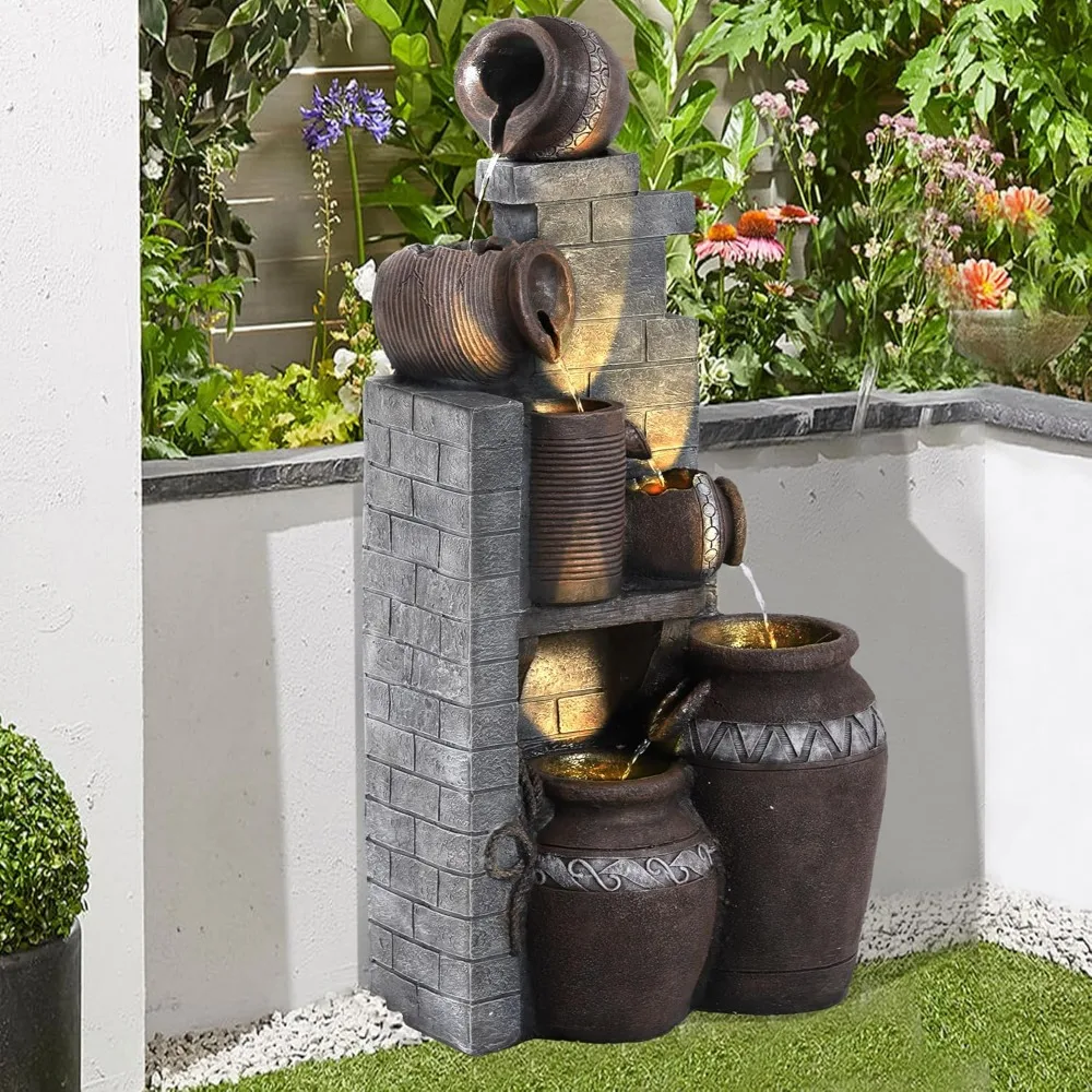 Fontes de jardín en cascada de pie de 31,5 pulgadas de alto, fuente de agua para interiores/exteriores de 6 niveles con LED, fuente de agua para exteriores