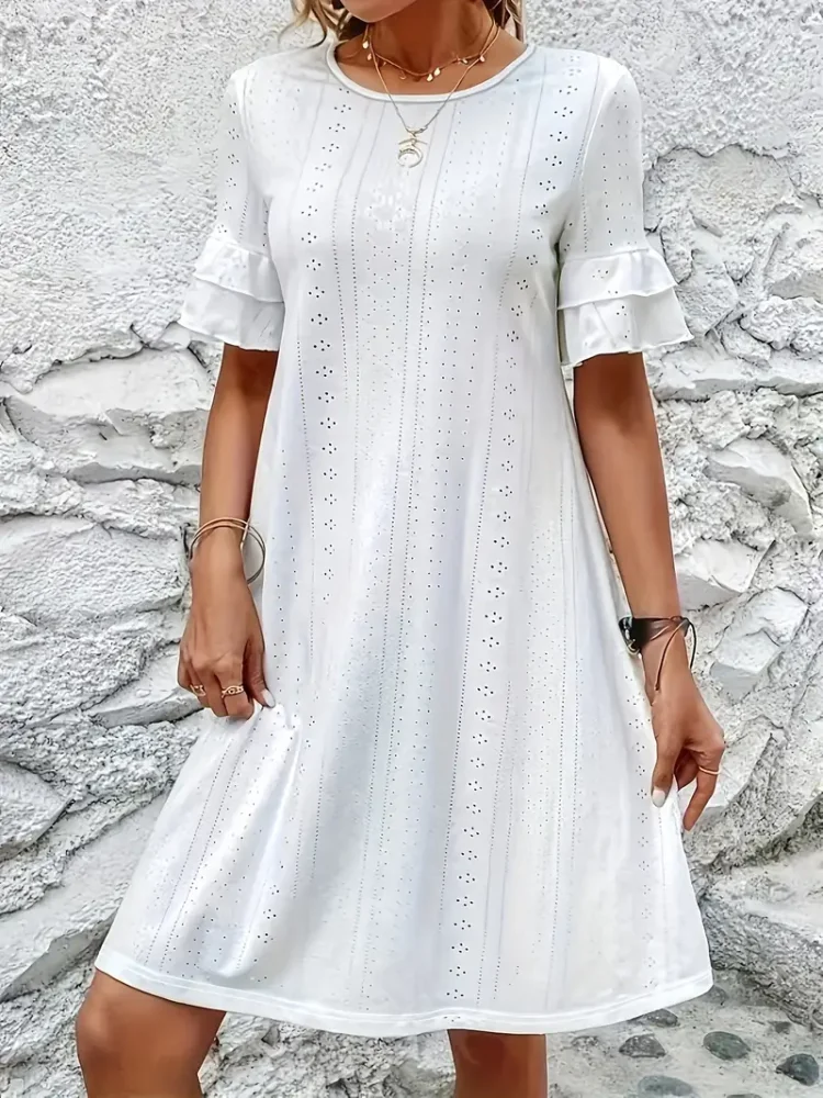 Plus Size Eyelet Solid Loose Dress Casual Layered Ruffle Cuff Short Sleeve Dress For Spring & Summer Odzież damska Plus Size