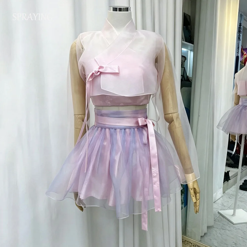 SPRAYING Modern Pink 2Pcs Hanbok Concert Organza Outfit Gradient Mini Korean Photo Shoot Short Prom Party Gown Customized 2026