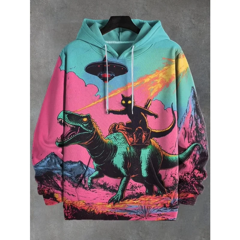 Cowboy Cat Dinosaur Pattern Hoodie For Men Cool Animal 3D Printed Long Sleeves Casual Hoodies Loose Sweatshirts Pullover Tops