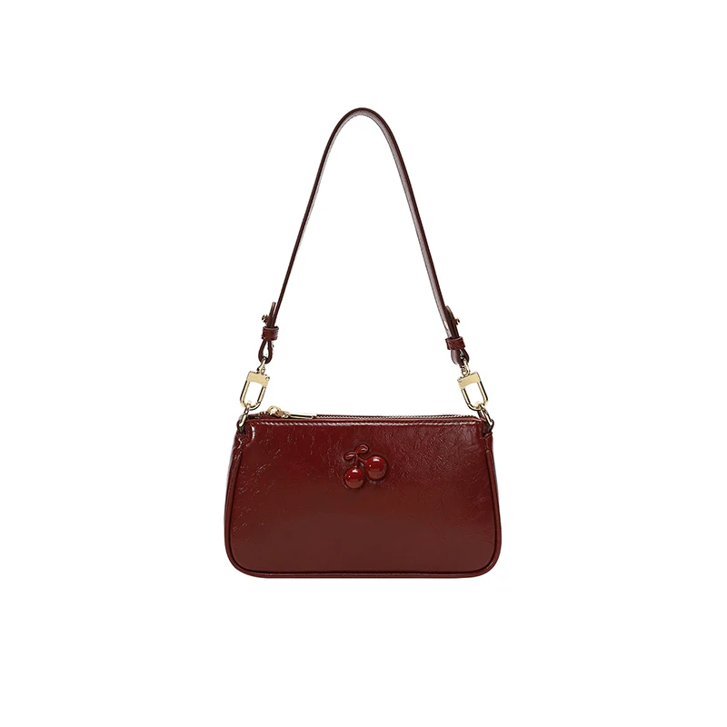 Cherry Sweetheart Underarm Bag Women‘s 2024 New Red Wedding Bag Fashion High-end Oil Wax Leather Cute Single Shoulder Handbag