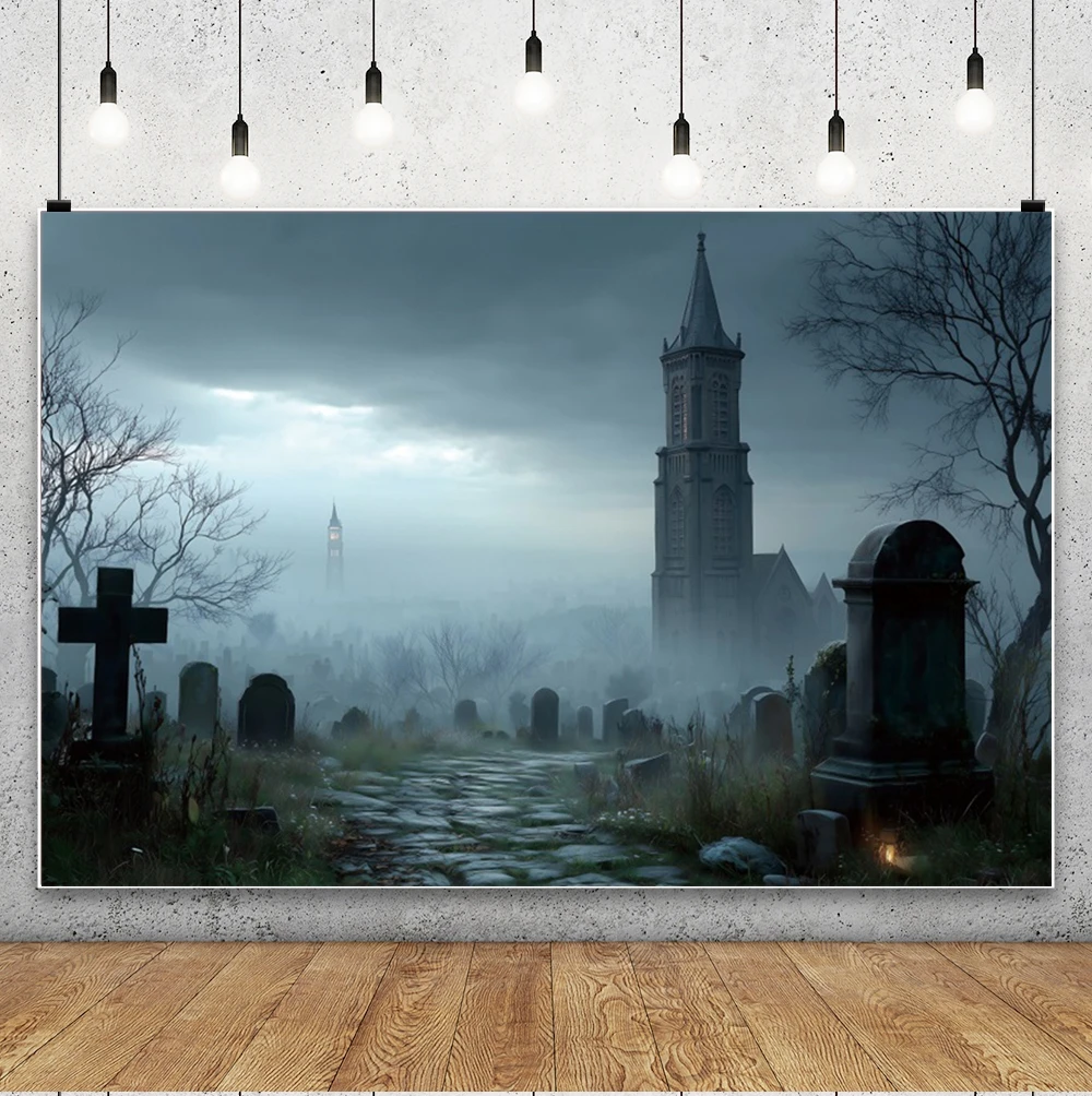 Halloween Decoration Misty Forest Backdrop Spooky Dark Castle Graveyard Scene Horror Party Decor Haunted House Background Props