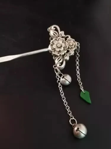 Classical Chinese style collection silver hairpin flower carving fringe jade hairpin