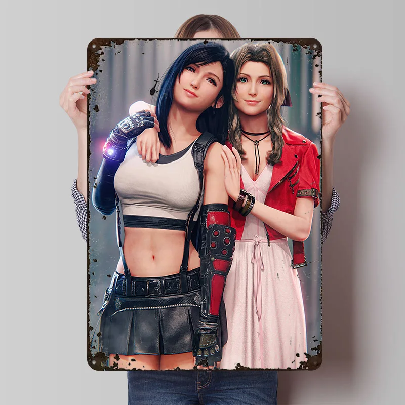 Tifa und Aerith aus Fantasy VII Poster Individualisierte Vintage Metallschilder Wandkunst Retro Blechschild für Gaming-Dekoration Zimmer Zuhause