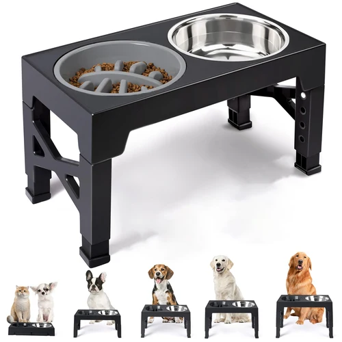 Cuencos elevados para comedero para perros, soporte elevado ajustable con cuencos dobles de acero inoxidable para alimentos y agua, perros pequeños, medianos y grandes