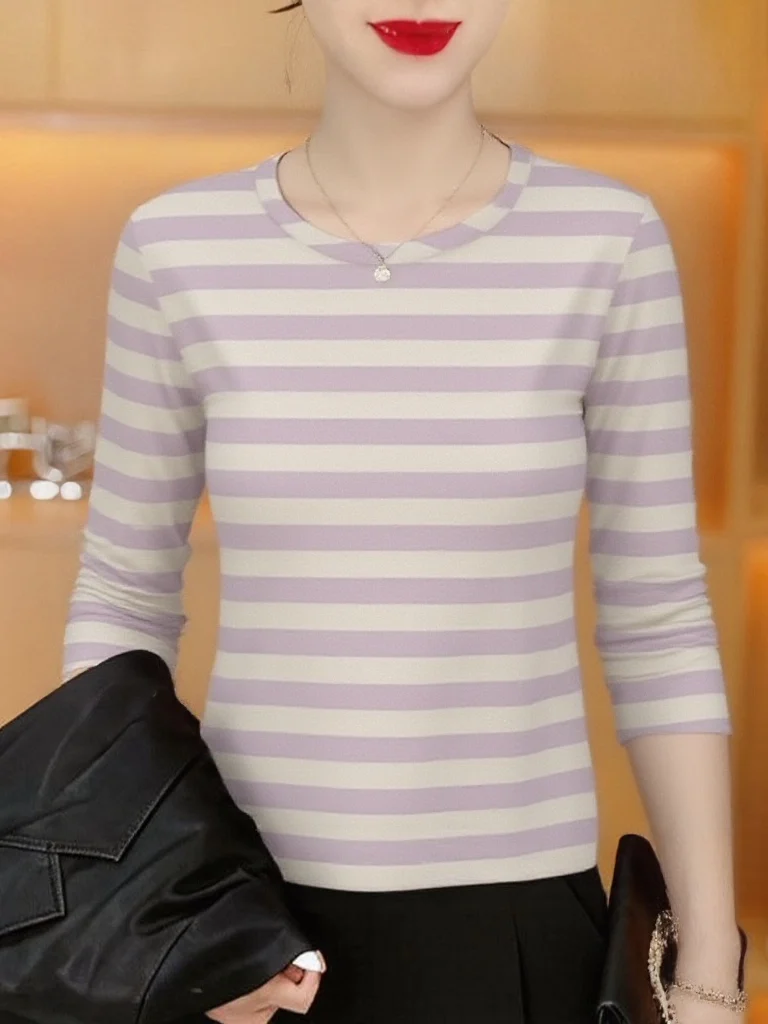 

Повседневный топ в полоску с длинным рукавом и круглым вырезом, стройнящий, омолаживающий, для женщин среднего возраста, из дышащего полиэстера, для ежедневной носки