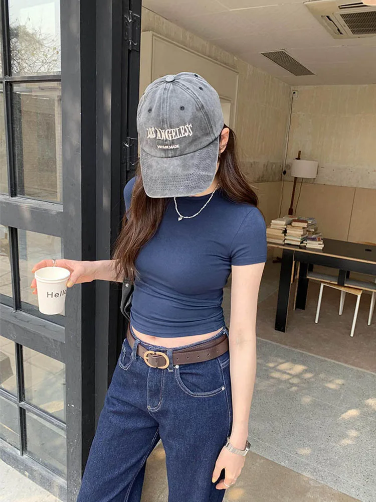 Basic Solid Crop Top Short Sleeve Crewneck Skinny T-shirt Summer Casual Tee for Women y2k Vintage Top Harajuku Streetwear - Image 6