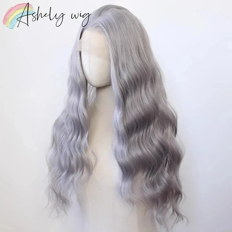 Ashely شعر مستعار رمادي للبيع التخليص 26 بوصة 13*4 الاصطناعية الفضة الدانتيل الباروكة شعر مموج طويل المظهر الطبيعي امرأة الباروكات تأثيري