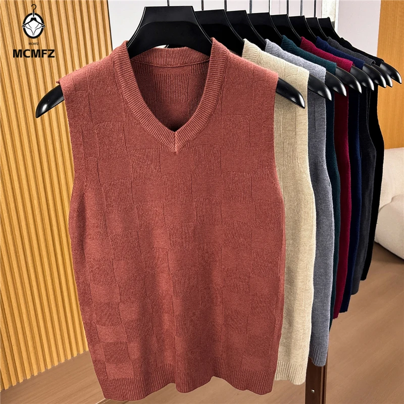 Mens Sleeveless V Neck Jacquard Knit Sweater Vest Soft Elastic Textured Knitwear Casual Office Layering Tank Top For Fall