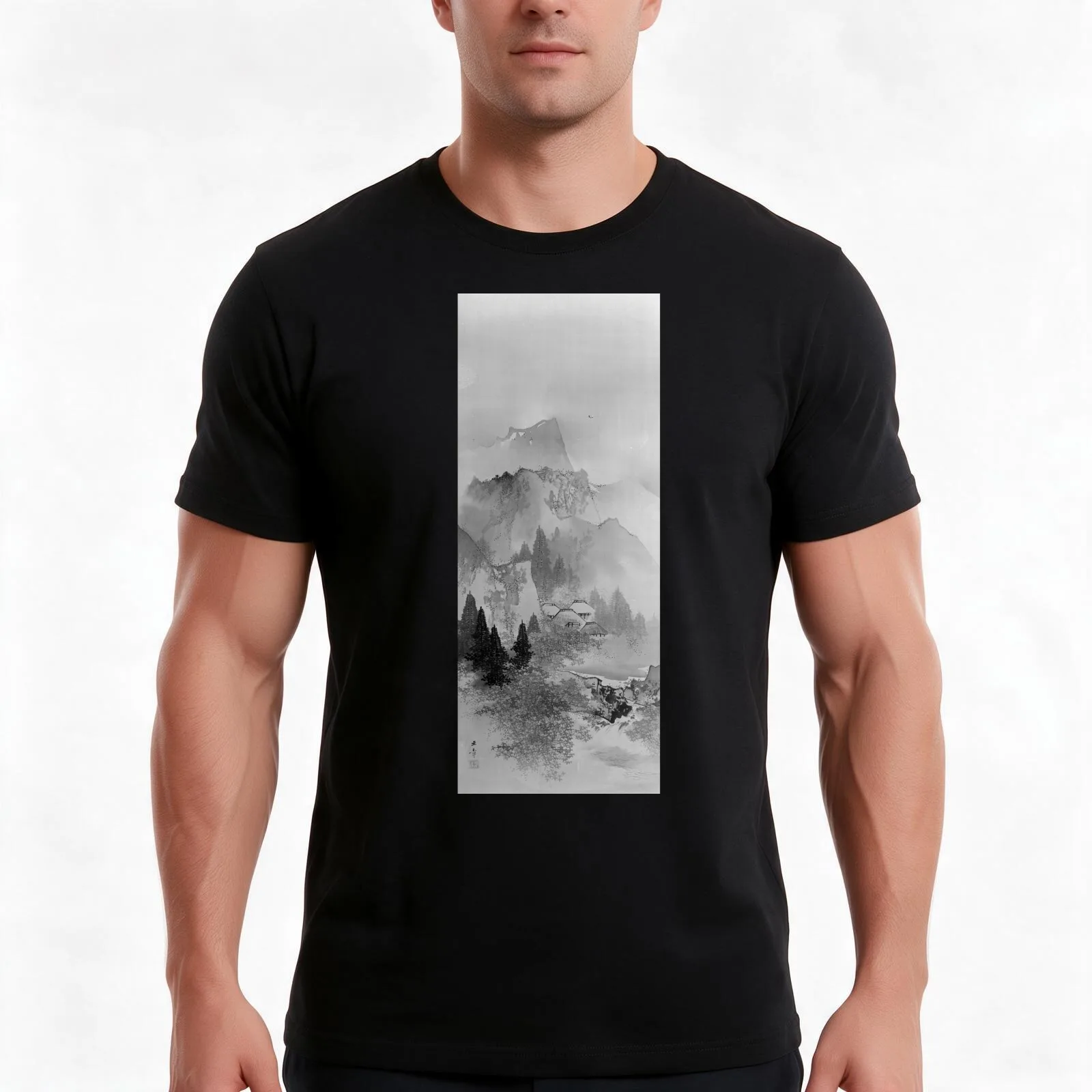 Autumn Landscape, Japanese Ink on Silk (Restored Japanese Artwork) T-Shirt, Summer Casual Cotton Tee, Oversized Streetwear Tops
