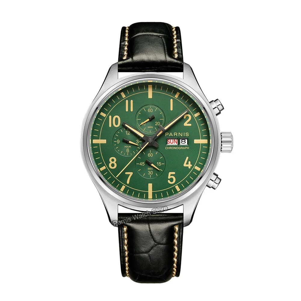 Parnis 43mm Miyota Quartz Movement Men Green Dial Chronograph Watch Sapphire Crystal Stainless Case