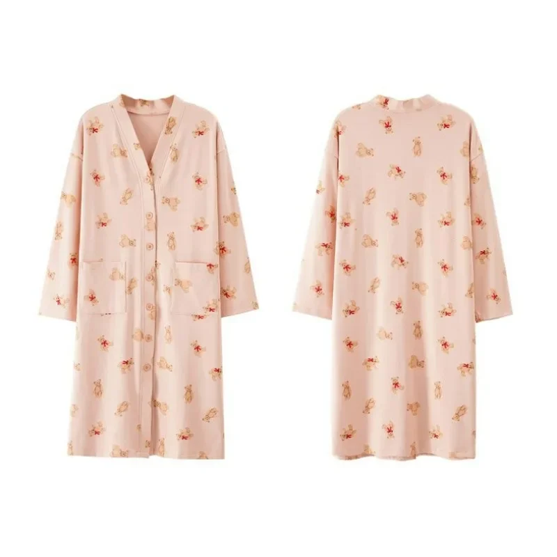 Women Mid-Length Nightdress Spring Autumn Long Sleeve Loose Cardigan Female Pajamas Female Sweet Leisure V-neck Homewear 2024