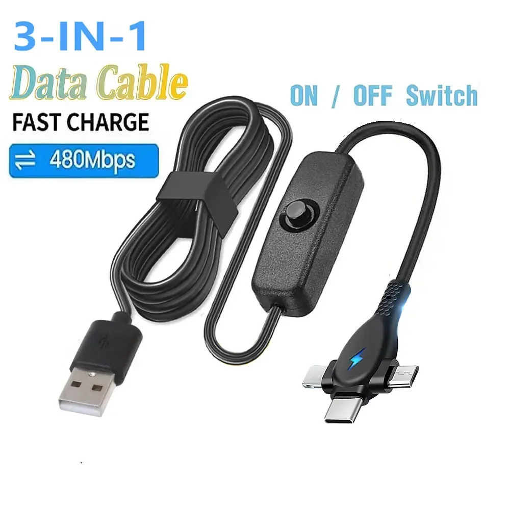 3 in 1 USB Type-C Charger Cord with On/Off Switch, Type-C Data Cable Type C Micro LIGHTNING Multi Fast Charger Cable