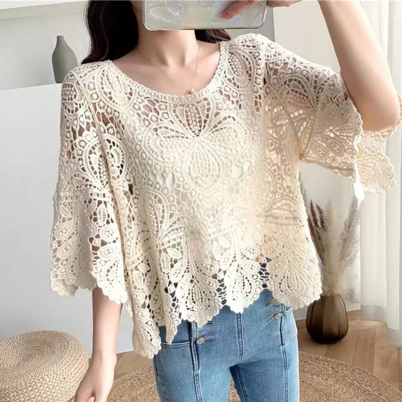 Women French Hollow Out Crochet Knit T-Shirt Summer Flared 3/4 Sleeve Crewneck Floral Lace Loose Blouse Beach Cover Up Tops