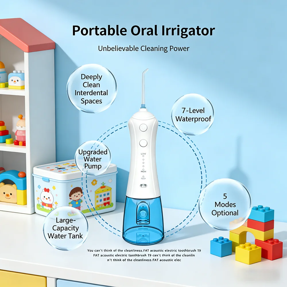

Портативный стоматологический очиститель зубов 300 мл, водонепроницаемая ирригация IPX7, 5 режимов, 5 насадок для домашнего путешествия, ирригация полости рта