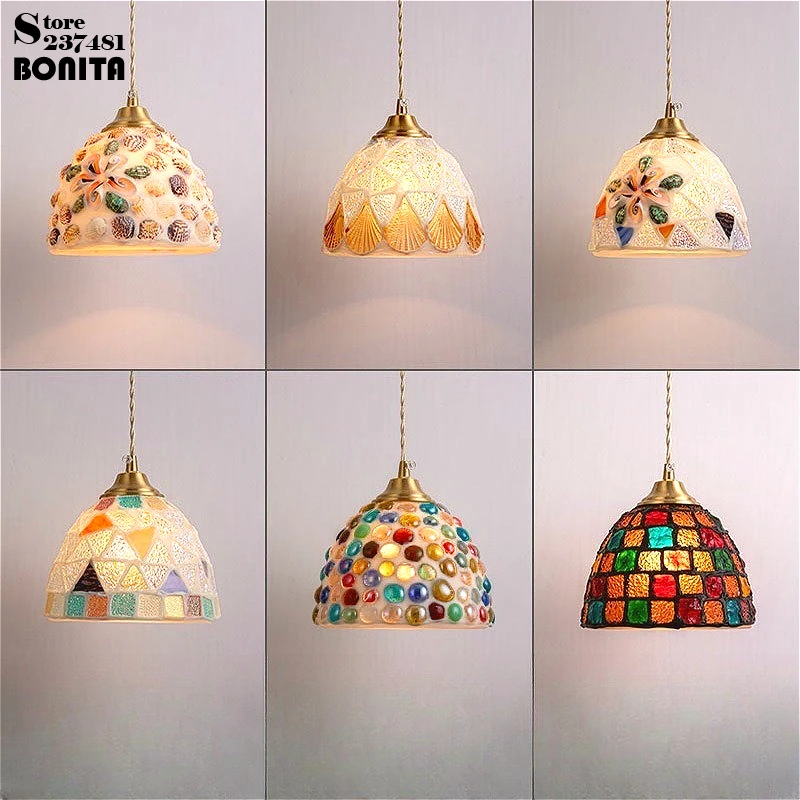 

Retro Tiffany Style Colorful Glass Shell Pendant Lights，Handmade Mosaic Chandelier Fixtures for Restaurant Bar Bedroom Decor