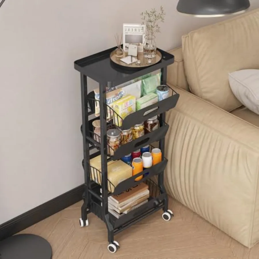 

5-Tier Snack Cart with 4 Sliding Drawers and Fixed Top Shelf Mobile Utility Organizer with Wheels for Kitchen Office Bathroom-B