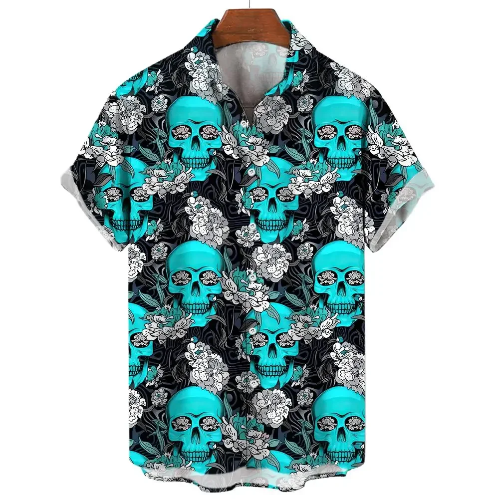 Rose Skull Print Shirt Men's Short Sleeve Shirt Summer Street Fashion Tops Men's Casual Oversized Shirt Size S-5XL