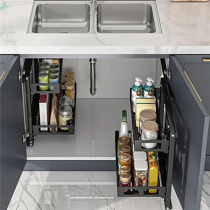 Cabinet Pull-Out Double Layer Storage Basket Kitchen Bathroom Toilet Under Sink Drawer Finishing Shelf Sundries Organizer Rack