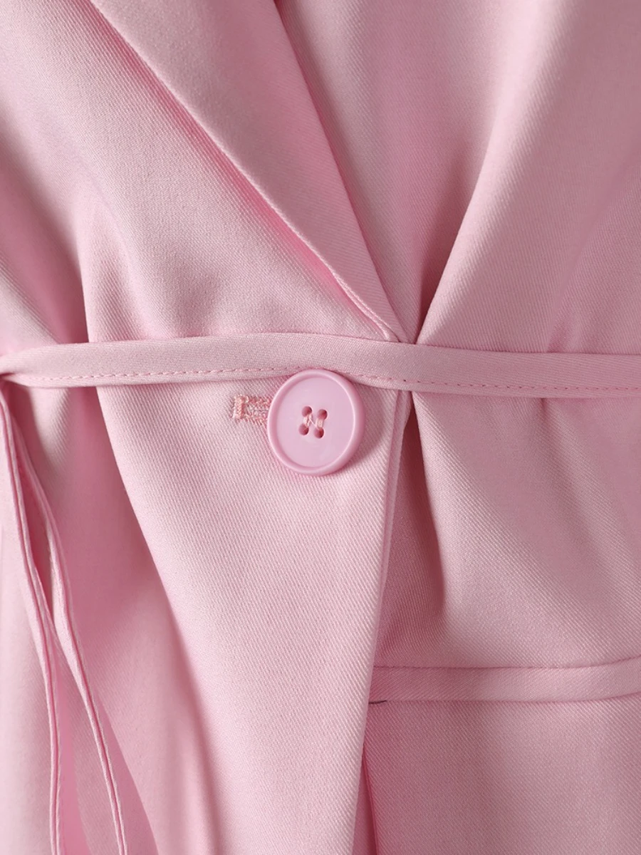 CHICEVER Solid Color Spliced Single Button Blazer for Women Notched Collar Long Sleeve Patchwork Lace Up Office Lady Coat Female