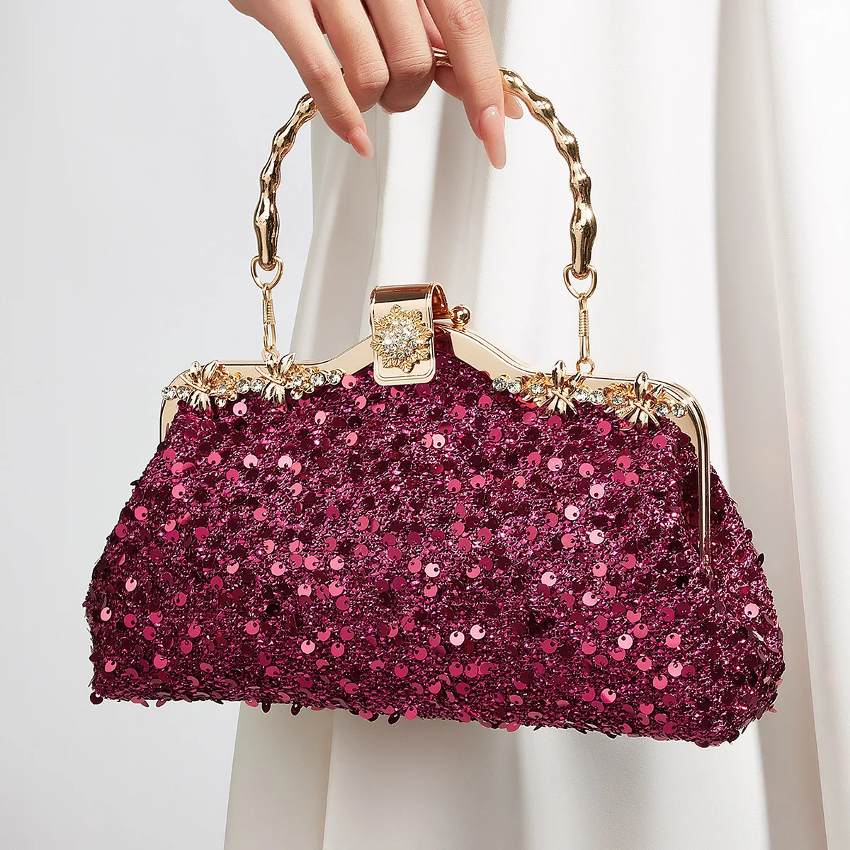 Premium sequined dinner bag retro rhinestone mouth gold handbag with cheongsam dress party messenger women's bag