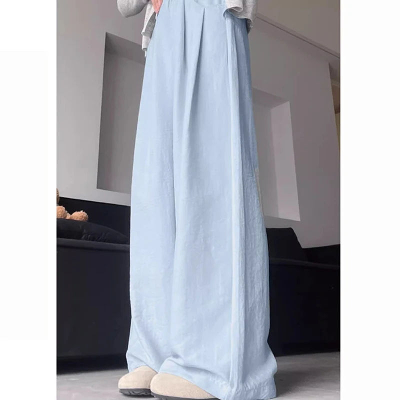 2025 ฤดูร้อนผู้หญิงเก๋ชุดกางเกงขากว้างหญิงผ้าไหมน้ําแข็งบาง Baggy Casual กางเกงเลดี้สีทึบ Basic กางเกงเอวสูง