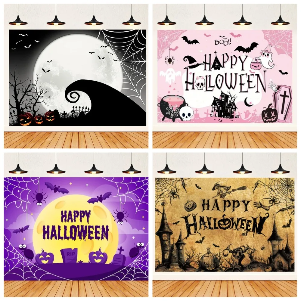 

Halloween Backdrops Spider Web Pumpkin Moon Trick or Treat Kids Happy Halloween Party Decoration Photography Backdground Props