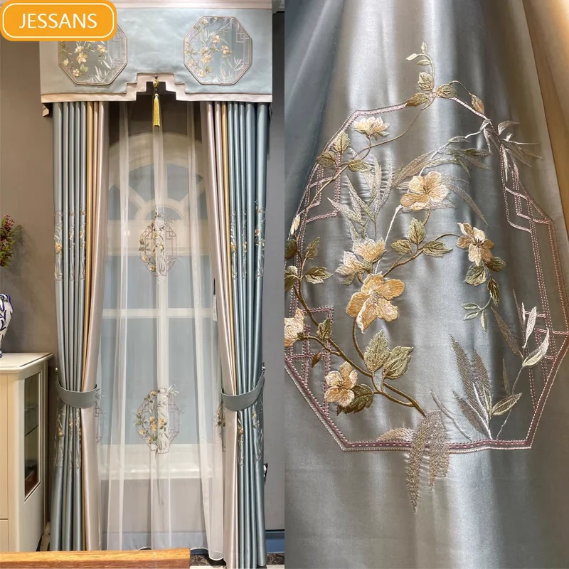 New Chinese Style Embroidered Window Screen Light Blue Embroidered Patched Curtains for Living Room Bedroom French Window Study