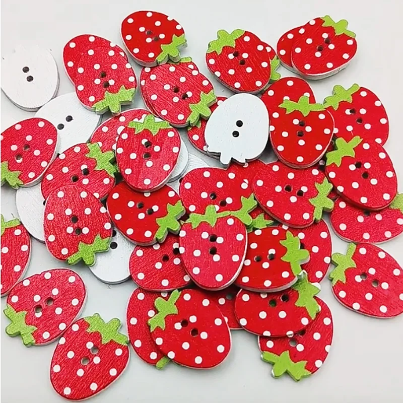 50PCS 2 Hole Cute Strawberry Cartoon Wood Buttons Home Sewing Scrapbooking Decor Clothing Card Making DIY 22mm Vintage Buttons