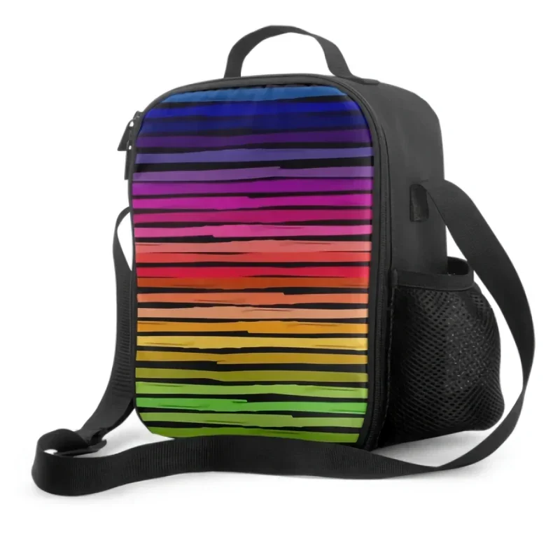 Rainbow Bright Colorful Striped Pattern Insulating Thermal Lunch Bag for Kids Adults Washable Tote Crossbody Lunch Container