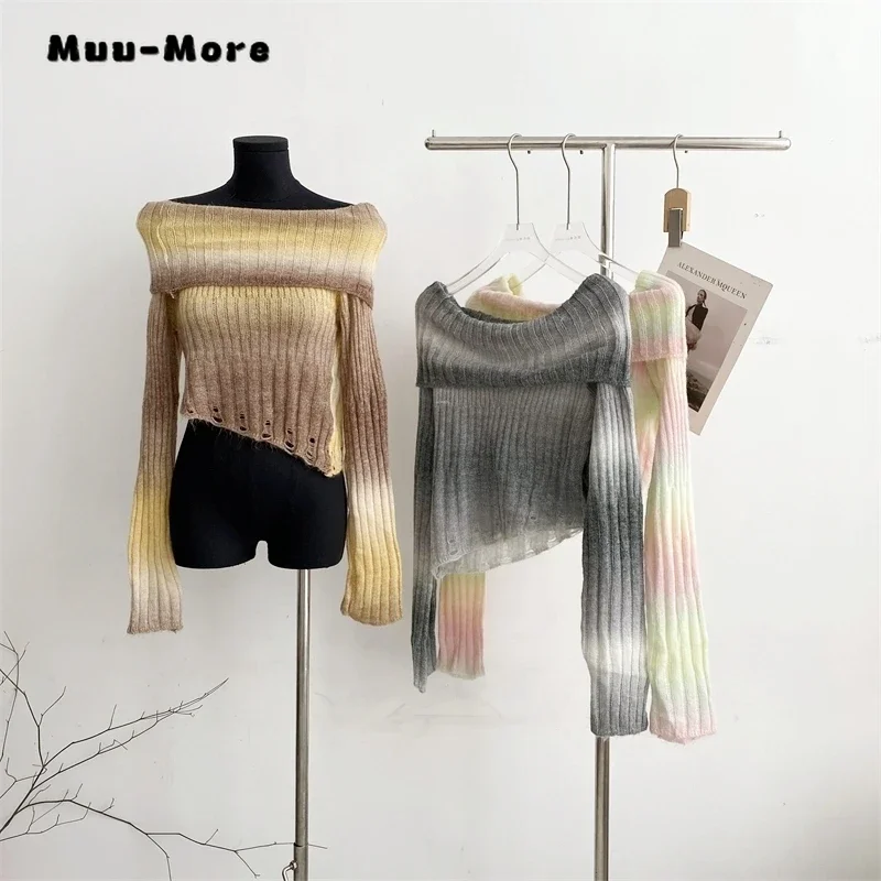 

2023 Winter Vintage Hotsweet Casual Slash Neck Knitting Long Sleeve Pullovers Women Striped Sheath Hollow Out Sexy Sweater